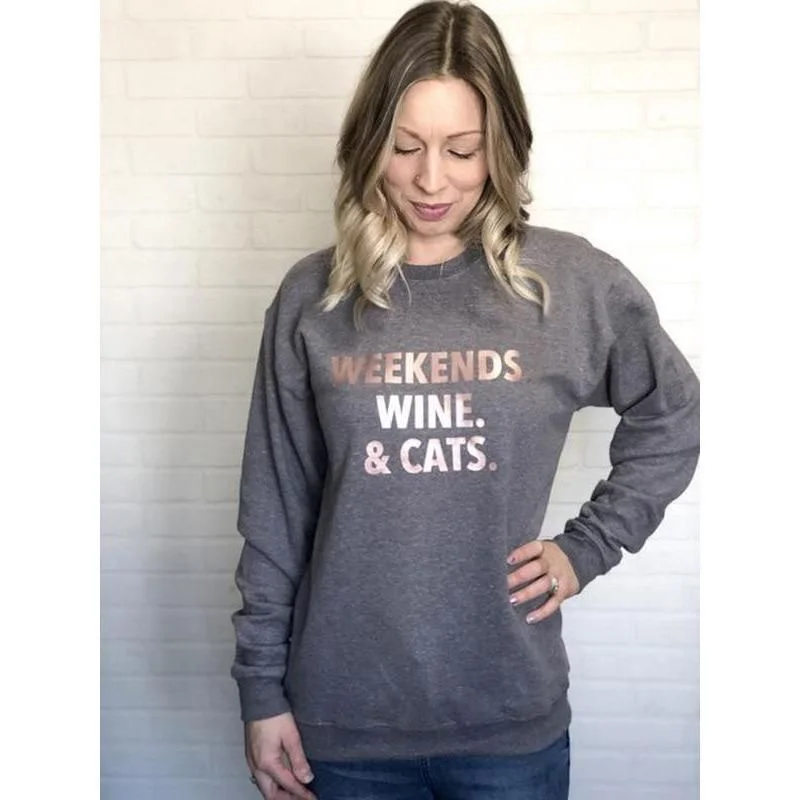 graphic gym sweatshirtWeekends Wine & Cats Crew Sweatshirt