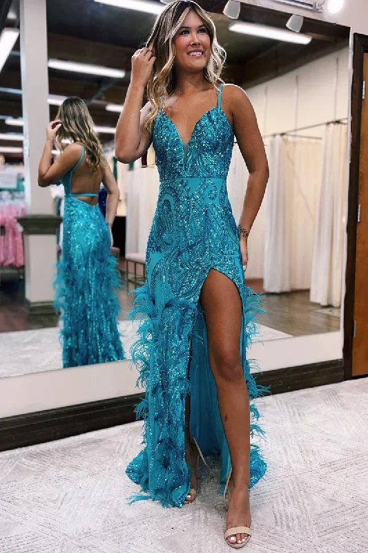 ruched dressJade Sequined V Neck Feather Long Prom Dress with Slit,DP1752