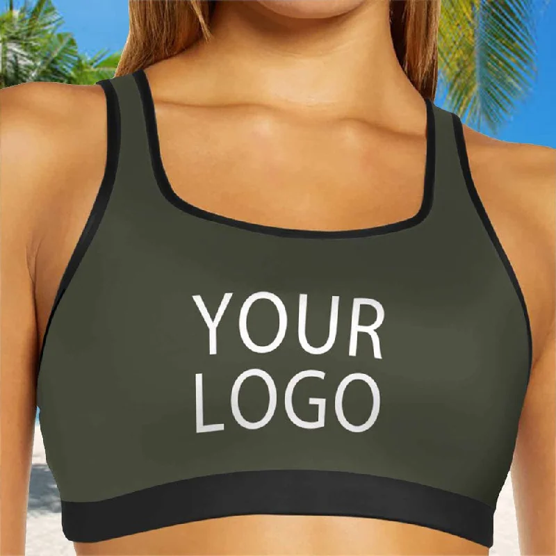 Huge Discounts Custom Logo Dark Grey Background Sports Bra Personalized Women's All Over Print Yoga Sports Bra