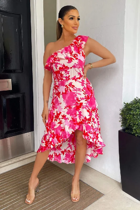 sleeveless dressAnnie Pink Floral One Shoulder Dipped Hem Dress