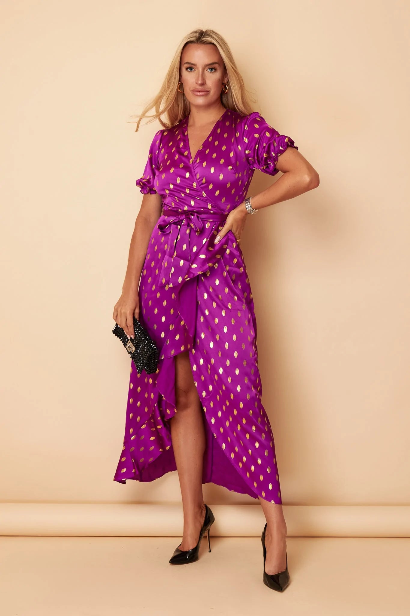 chic slip dressFiona Orchid Satin with Gold Foil Frill Hem Dress