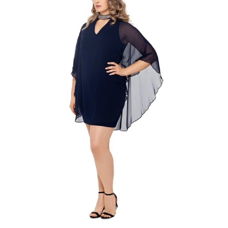 Stock Up and Save XSCAPE Women's Embellished Collar Chiffon Overlay Shift Dress Blue Size 16W