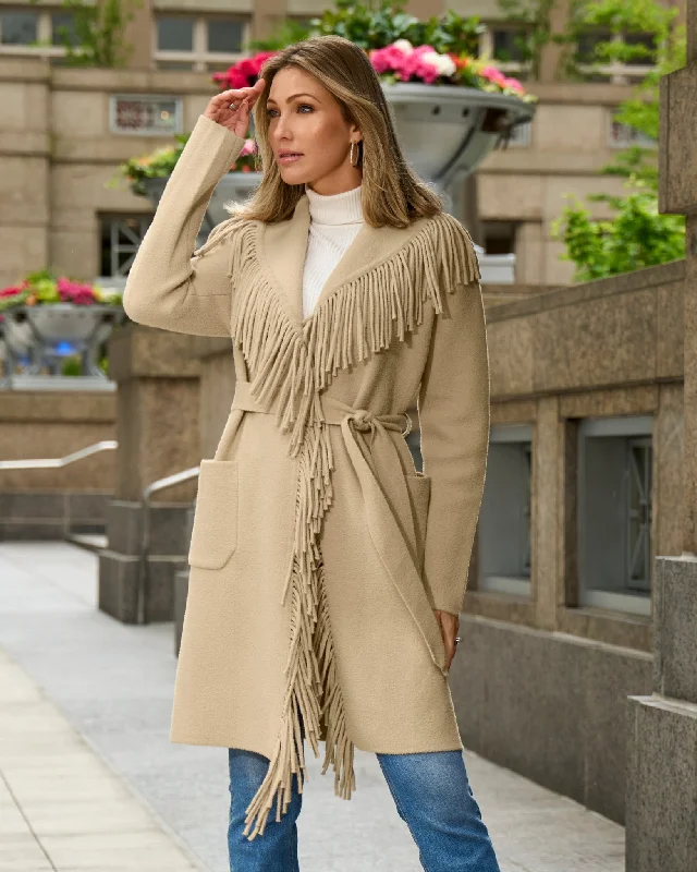 Daily Specials Fringe Tie Waist Coatigan Camel