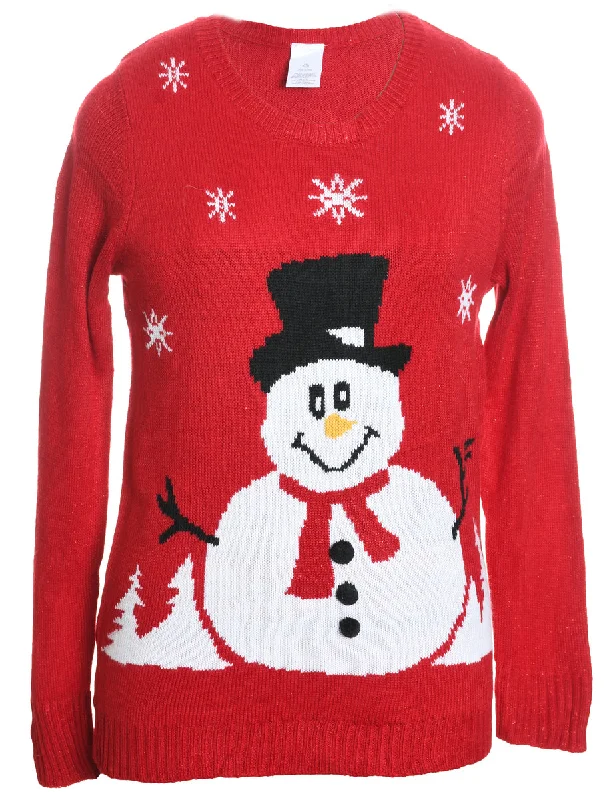 Price Cut Snowman Design Red Knit Christmas Jumper - L