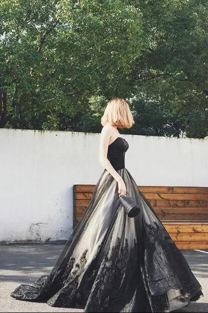 Markdowns modern dressBlack Strapless A-Line Tulle Long Prom Dress with Appliques,DP927
