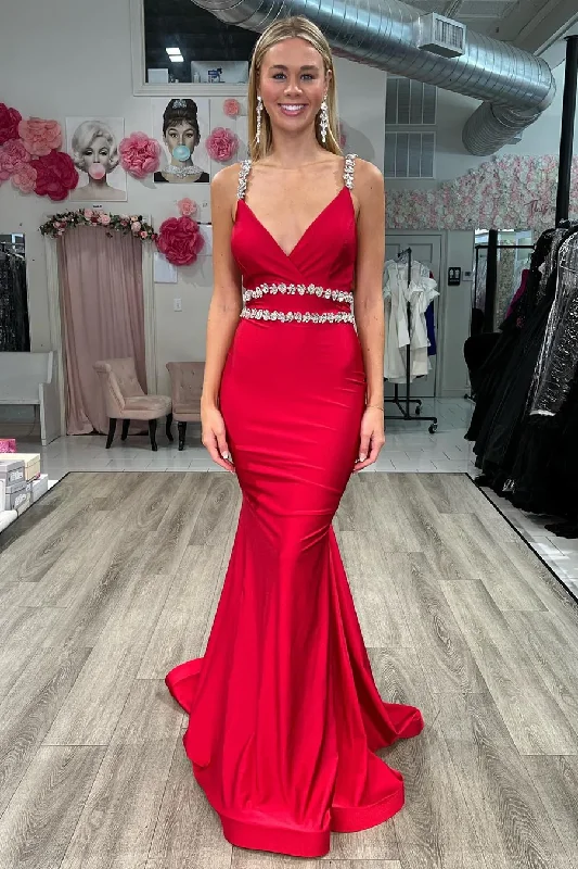 Huge Discounts velvet dressSexy Red V Neck Satin Long Prom Dress with Beads,DP1022