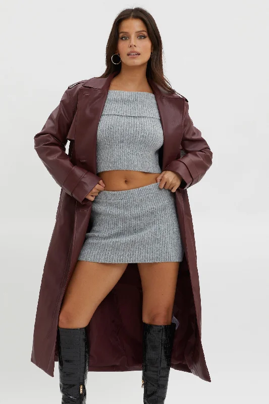 Special Savings Zen Faux Leather Trench Coat Burgundy