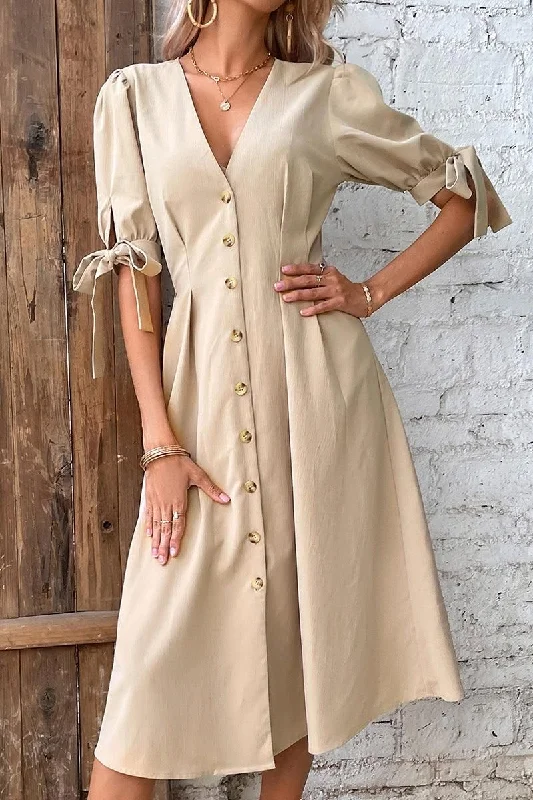 draped dressPUFF TIED SLEEVE V NECK BUTTON UP FLARE DRESS