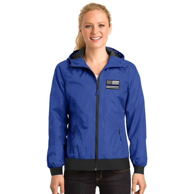 Women's Embossed Hooded Wind Jacket, Thin Blue Line USA