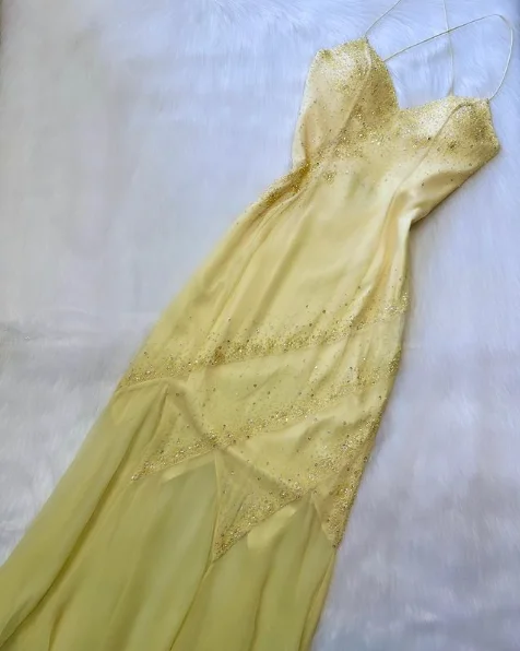 t-shirt dressGlitter Pastel Yellow Straps Beading Vintage Long Party Dress, DP2287