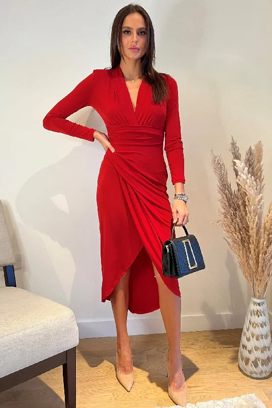 chic dressDora Red Wrap Style Front Split Midi Dress