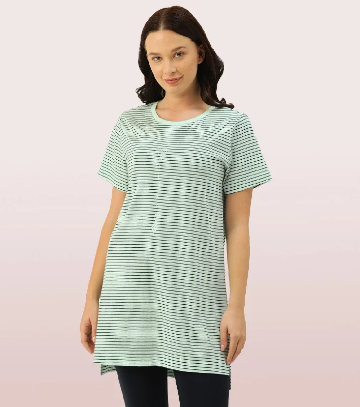 Weekend Deal Tunic Tee - Striped | Short Sleeve Tunic Tee With Side Slit & Mindful Graphic Weekend Deal Tunic Tee - Striped | Short Sleeve Tunic Tee With Side Slit & Mindful Graphic