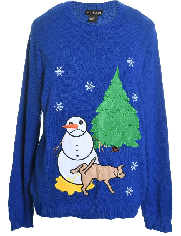Flash Deals Snowman Design Blue Embroidered Christmas Jumper - L