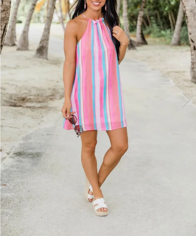 pleated maxi dressBohemian Multicolor Striped Chiffon Sleeveless Sling Beach Short Dress