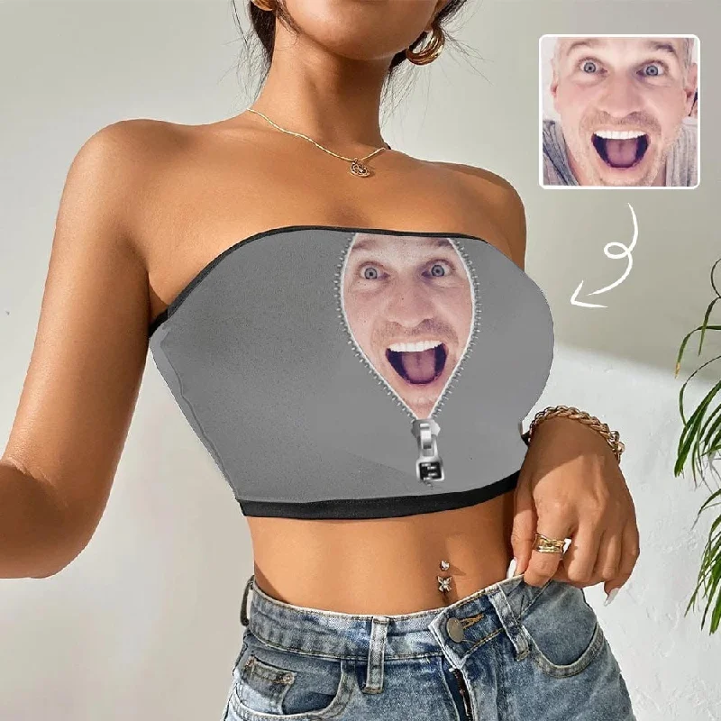 Must-Have Deals Custom Husband Face Zipper Grey Background Crop Top Personalized Women's Tube Top Must-Have Deals Custom Husband Face Zipper Grey Background Crop Top Personalized Women's Tube Top