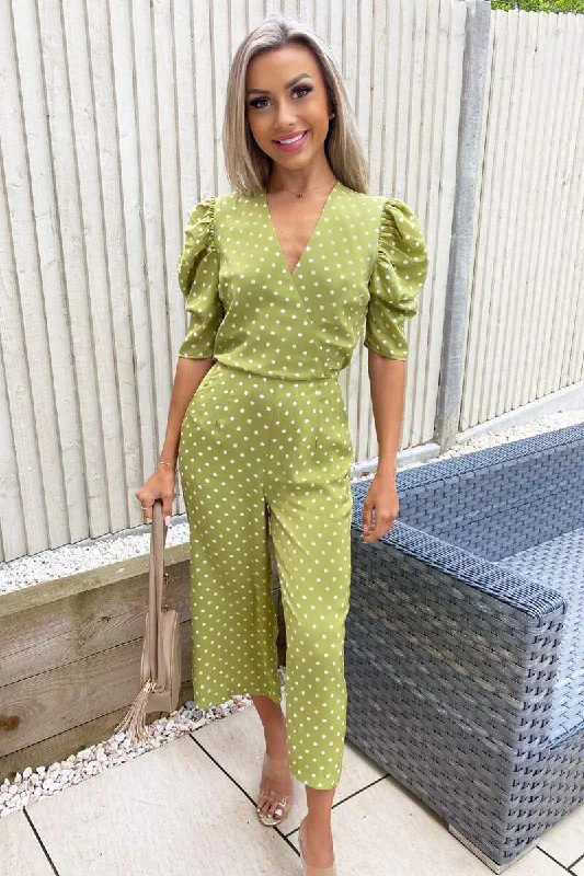 form-fitting dressTerri Olive Green Polka Dot Puff Sleeve Jumpsuit