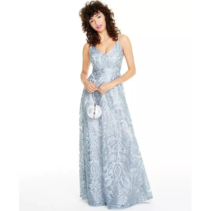 Crazy Savings Say Yes To The Prom Women's Lace Floral Spaghetti Strap Sweetheart Neckline Full Length Empire Waist Prom Dress Silver Size 15