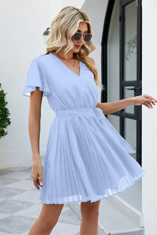 satin dressTIED WAIST PLATED V NECK CHIFFON DRESS