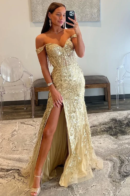 Daily Deals chic slip dressCharming Gold Off Shoulder Sequined Long Prom Dress wiith Slit,DP1023