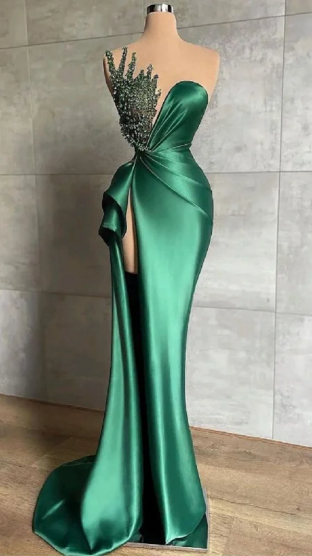 Hurry In fitted dressGreen Sexy Beaded Satin Long Prom Dress with High Slit,DP836