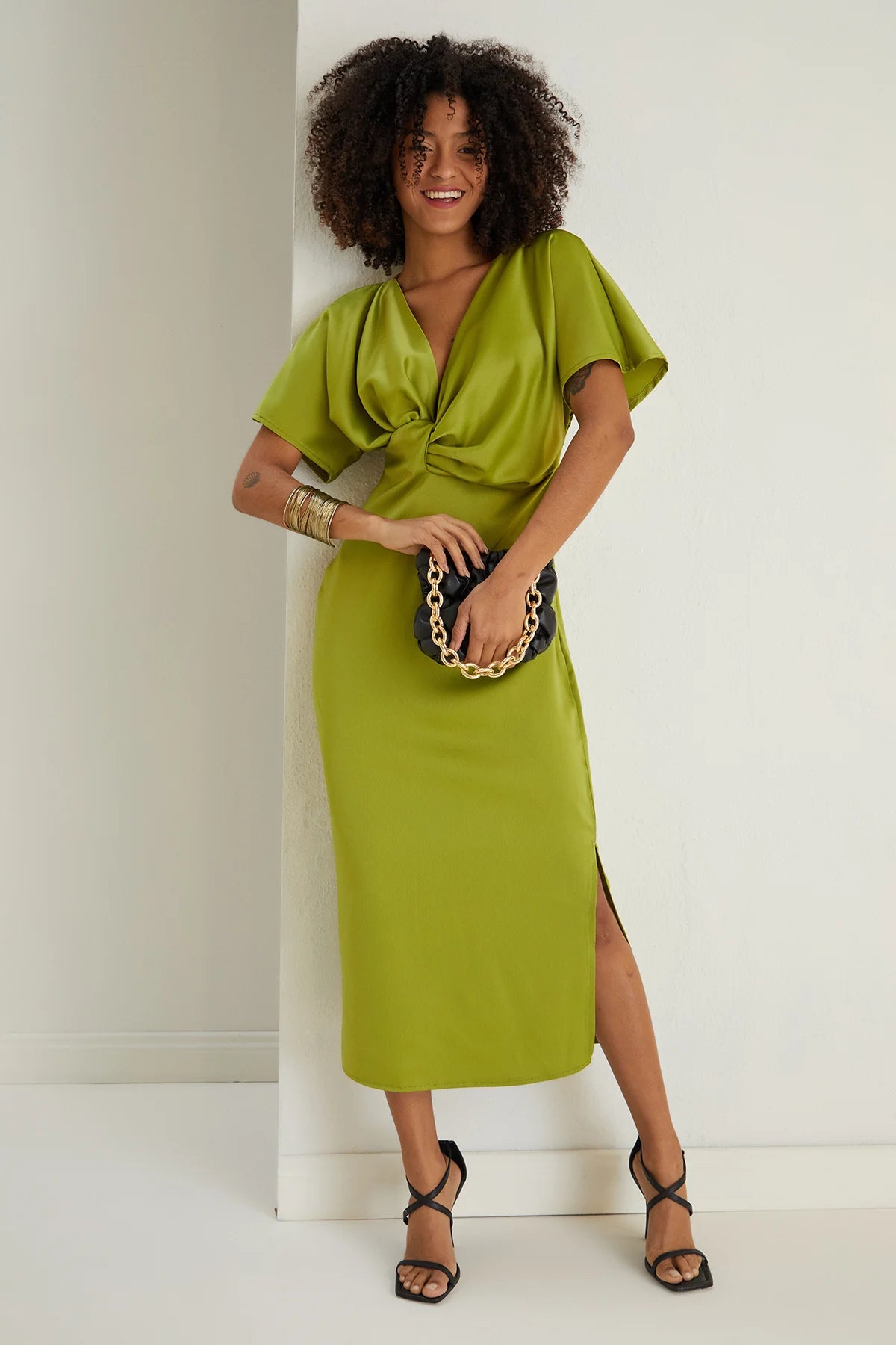 oversized dressFarra Lime Green Twist Detail Satin Midi Dress