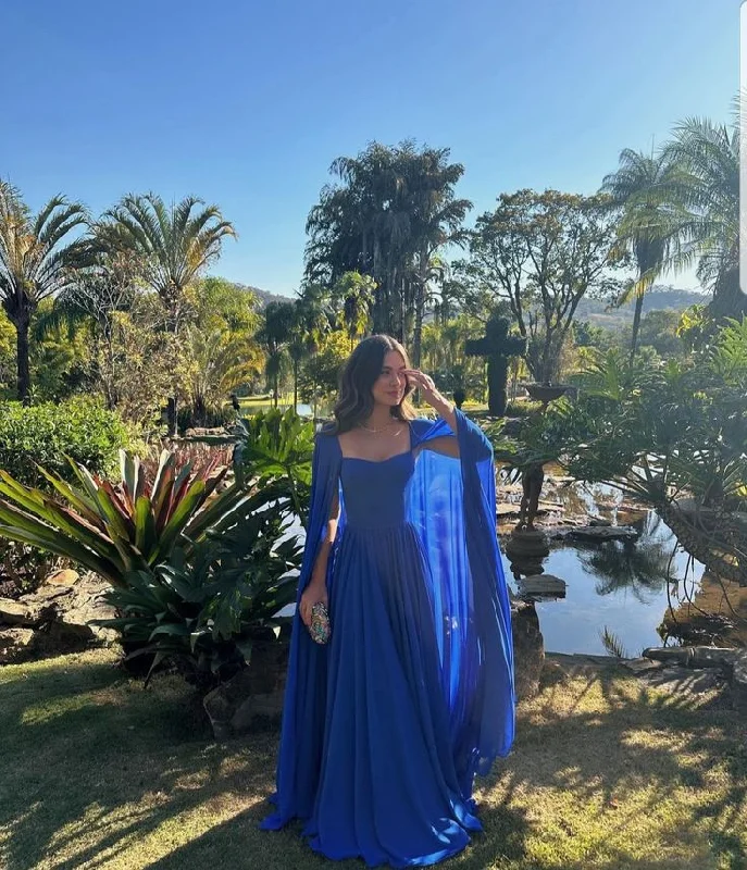 Last Chance sleeveless dressSimple Blue A-Line Long Prom Dress with Cape,DP857