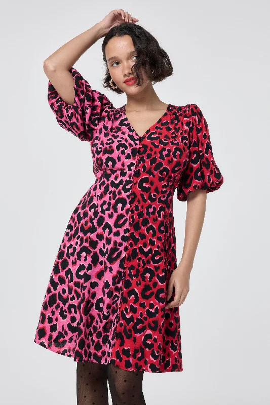 sleek dressRed with Pink and Black Mix and Match Pop Leopard Puff Sleeve Short Tea Dress