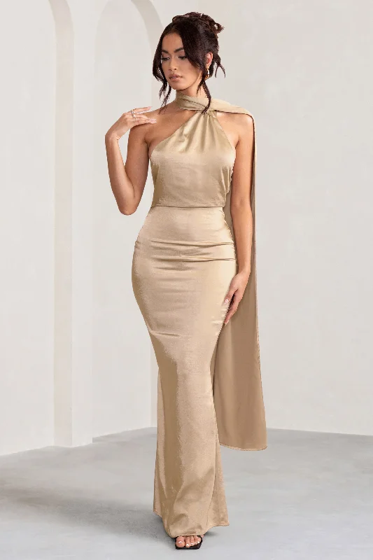 Savings Spectacular Mademoiselle | Champagne Satin Asymmetric Scarf Neck Backless Maxi Dress