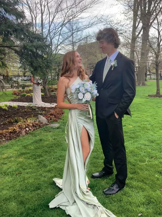 Savings Alert off-shoulder dressOne Shoulder Sage Green Long Prom Dress with Slit,DP912
