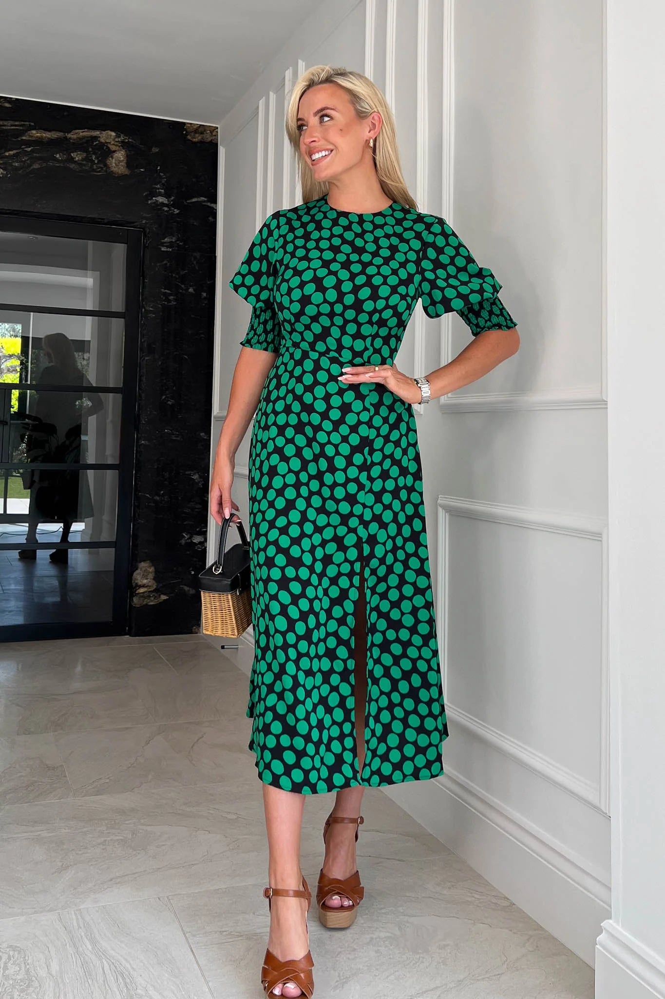 elegant dressBernie Green Polka Dot Shirred Cuff Midi Dress