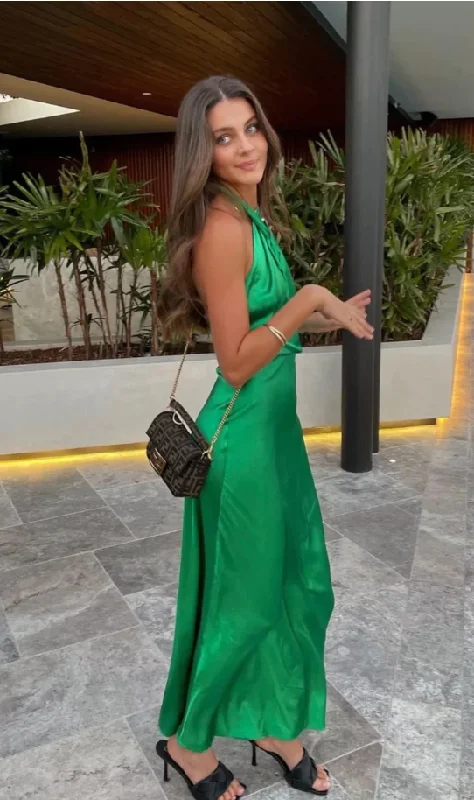 flowy evening dressGreen Cross Neck Halter Backless Satin Party Dress, DP2300