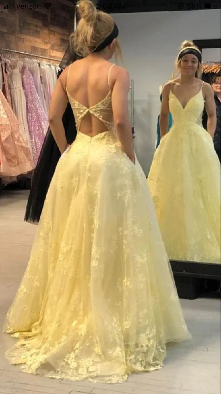 Year-End Sale playful dressYellow V Neck Open Back A-Line Long Prom Dress Elegant Party Dress,DP895