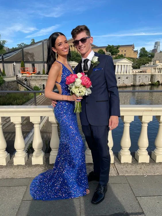 Online Only cocktail dressRoyal Blue Sequined Mermaid Backless Prom Dress,DP939