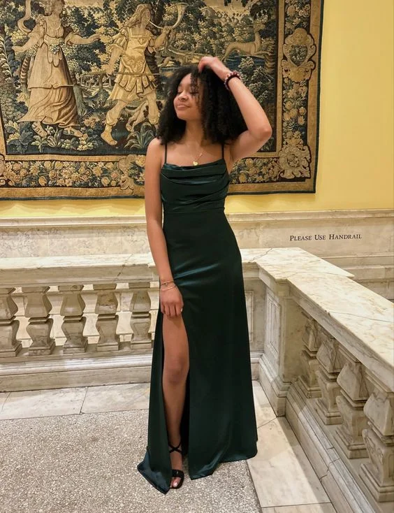 textured dressDark Green Spaghetti Straps Formal Prom Dress with Slit, DP2543