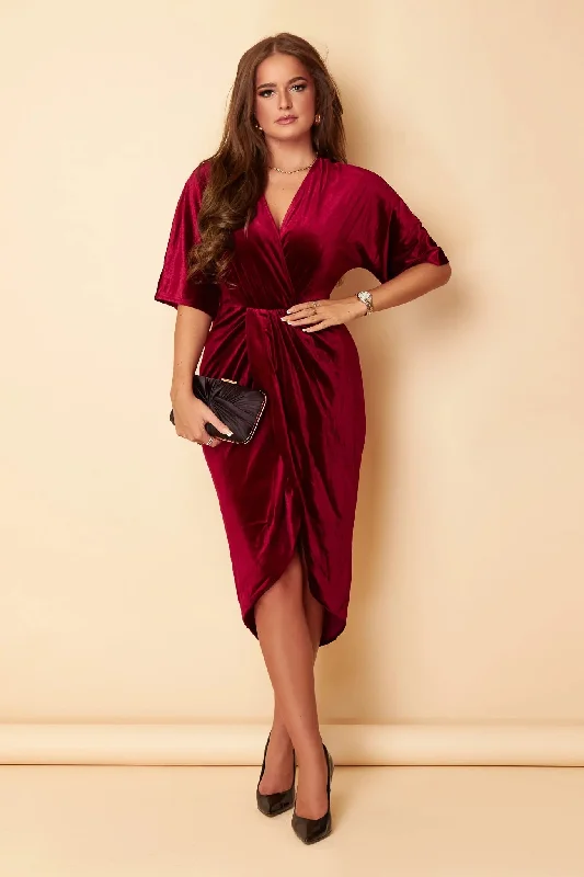 off-shoulder dressNic Wine Velvet Wrap Detail Midi Dress