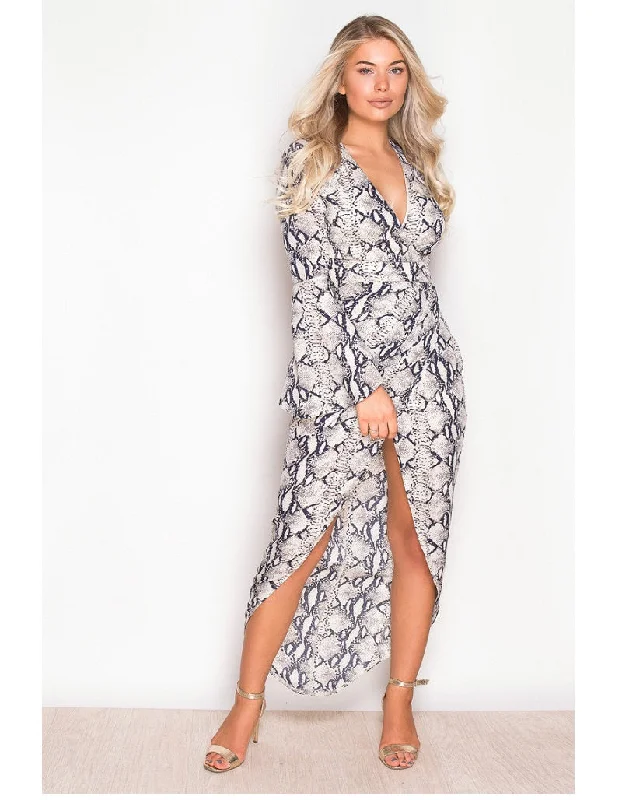 sophisticated dressDana Snake Print Wrap Flute Sleeve Dress