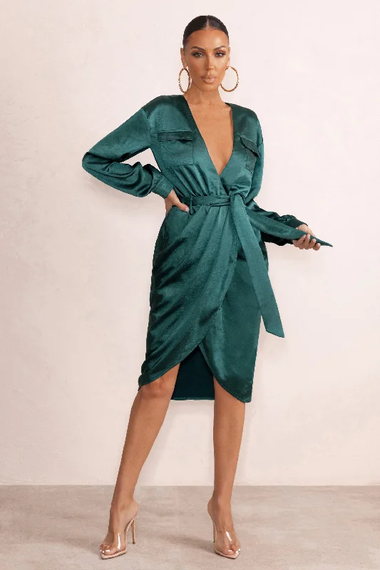 Markdown Madness True Romance | Bottle Green Satin Plunge Neck Midi Dress With Belt Detail