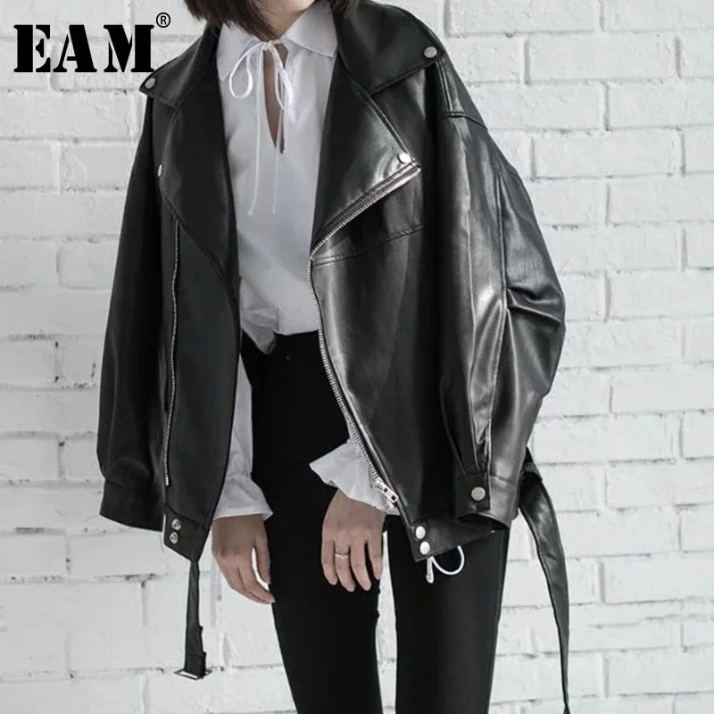 High Quality Spring Black PU Leather Loose Turn-down Collar Zipper Fashion New Women's Wild Jacket