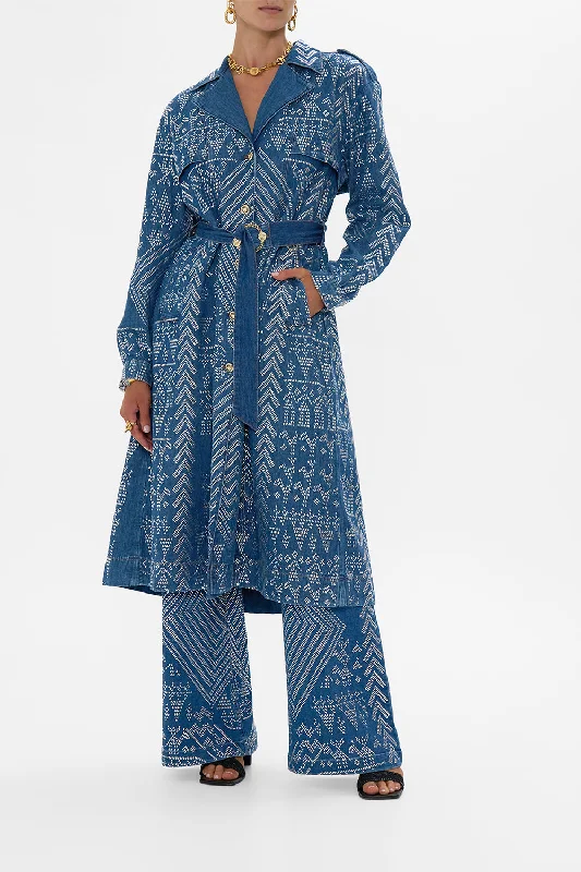 Overstock DESERT REIGN LONGLINE BELTED TRENCH COAT DENIM