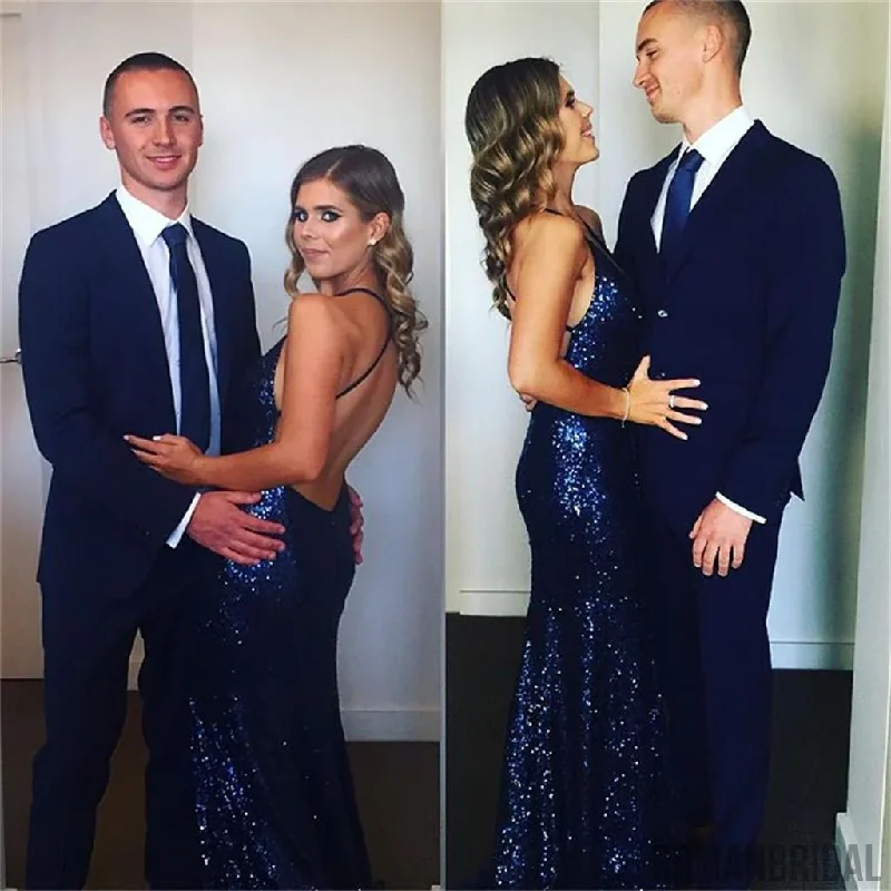 stylish party dressNavy Blue V Neck Mermaid Sequins Sexy Long Evening Dress, DP2614