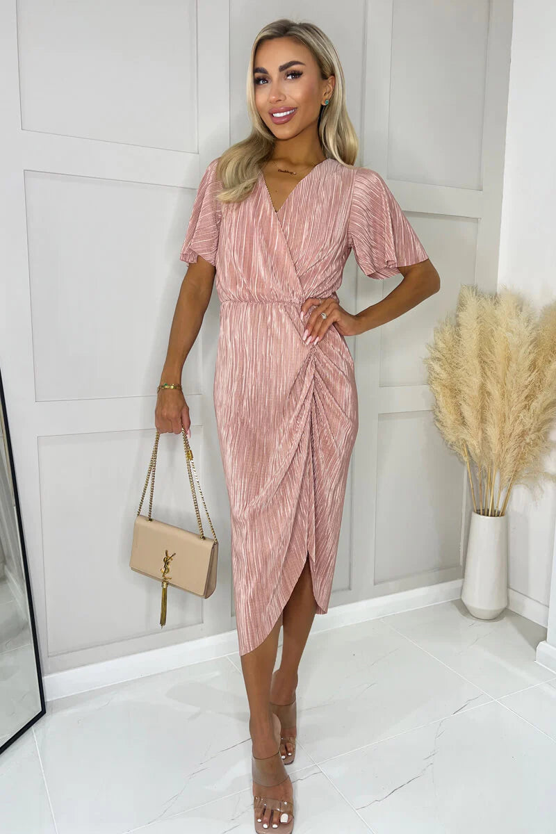 trendy dressThea Champagne Plisse Style Wrap Top Midi Dress