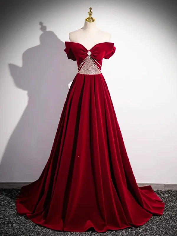 sleek midi dressRed Velvet Sequins Long Prom Dress Elegant Off the Shoulder A-Line Formal Dress, DP2471