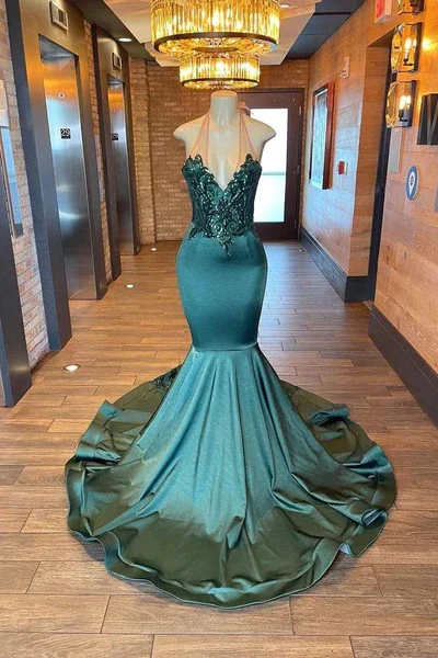 wrap dressGreen Halter Long Mermaid Appliques Black Girl Prom Dress, DP2313