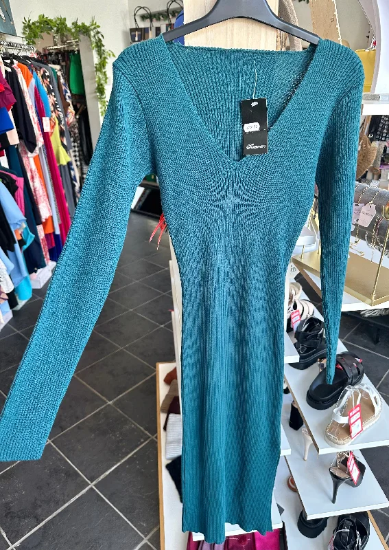 Exclusive Deal Teal ribbed split bodycon dress