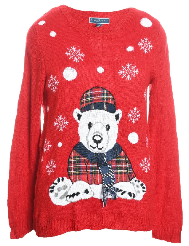 Polar Bear Design Red Appliqued Christmas Jumper - M