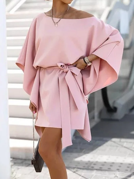 satin dressLoose Off-Shoulder Belted Doll Sleeve Dress