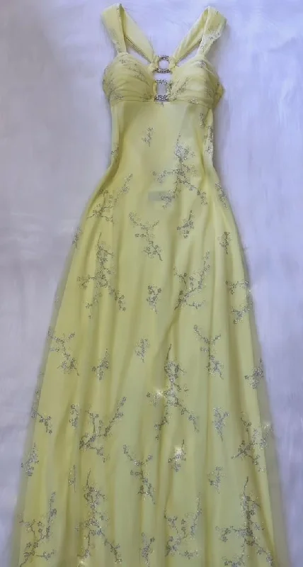 casual midi dressLight Yellow Tulle Sequins Vintage Evening Party Dress, DP2525