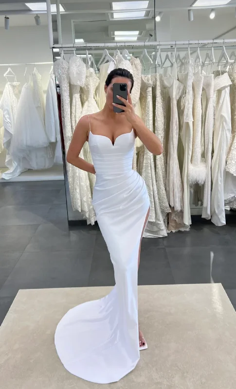 ruffle dressWhite Spaghrtti Straps Mermaid Long Prom Dress with Slit, DP2486