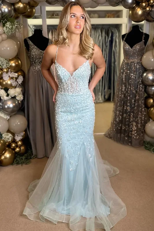 Fantastic Deals silk dressLight Blue Floral Appliques V-Neck Tulle Lace-Up Long Prom Dress,DP823