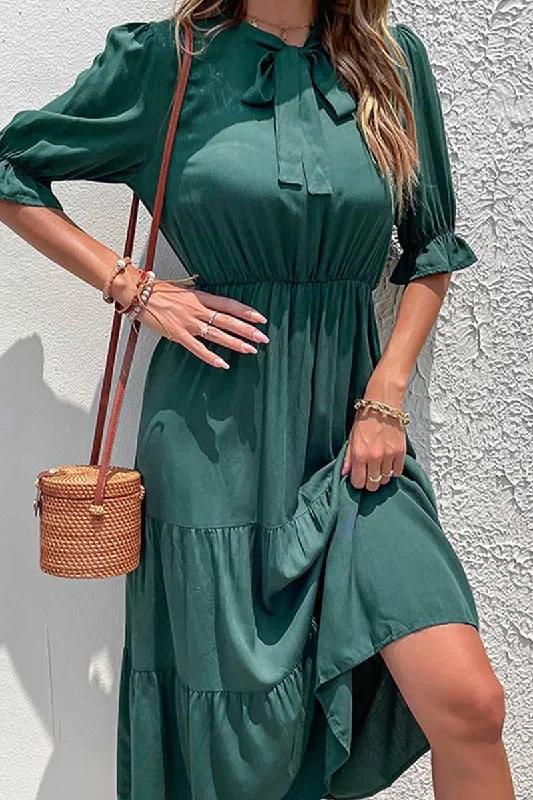 long sleeve dressRIBBON TIED NECK RUFFLED SLEEVE CASUAL DRESS